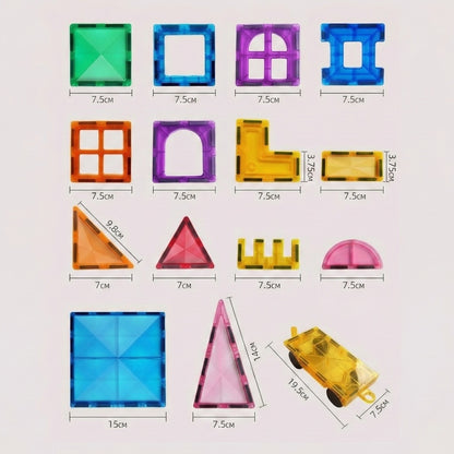 Colorful magnetic tiles with measurements on a white background