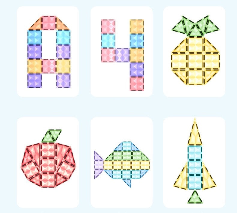 Colorful magnetic tiles arranged to form numbers and symbols on a light blue background