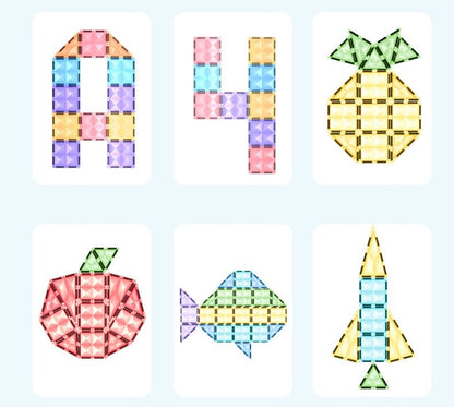 Colorful magnetic tiles arranged to form numbers and symbols on a light blue background