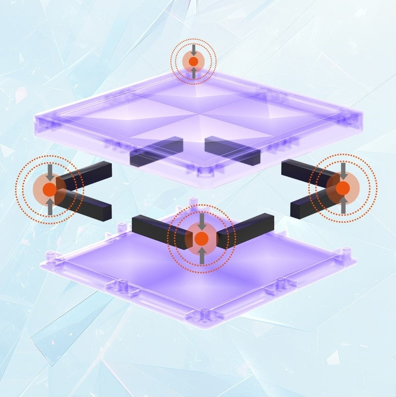 Diagram of a magnetic levitation system with coils and magnets on a light blue background.
