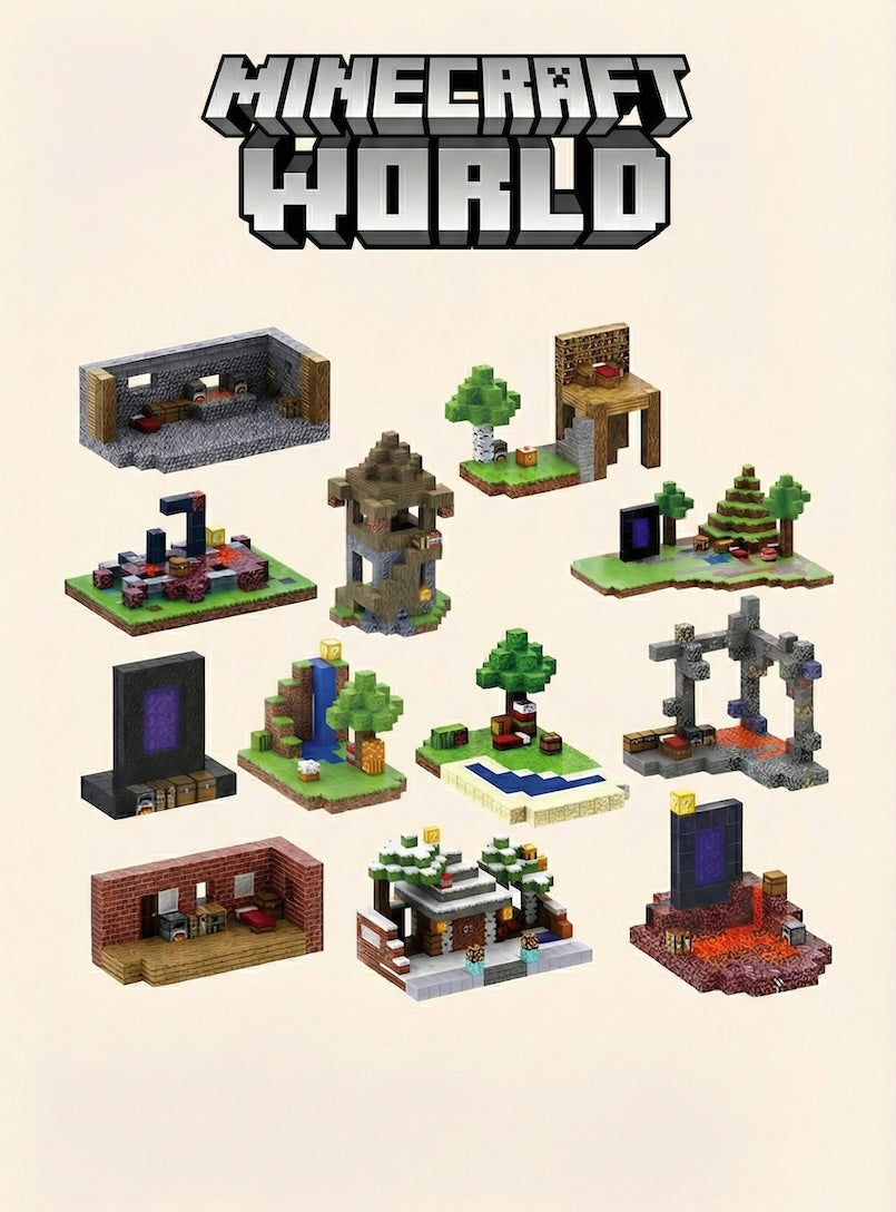 Minecraft-themed building sets on a beige background with 'Minecraft World' branding.