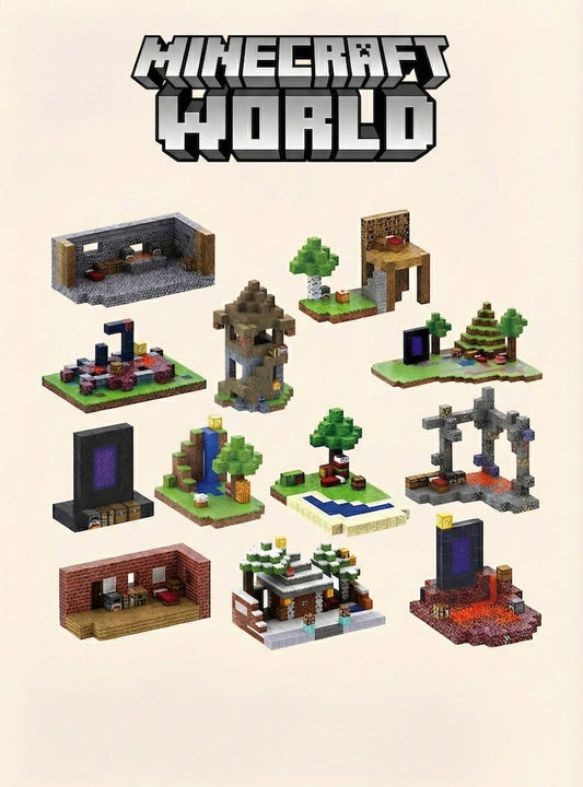 Minecraft-themed building sets on a beige background with 'Minecraft World' branding.