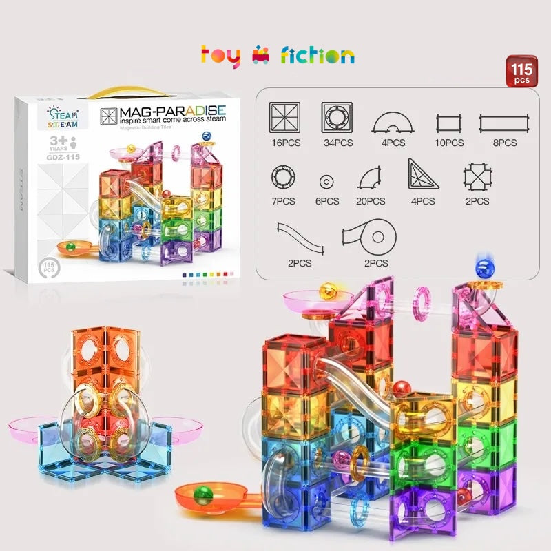 Toy Fiction - Magnetic Tiles and Pipes 115 Pack Contents and Designs