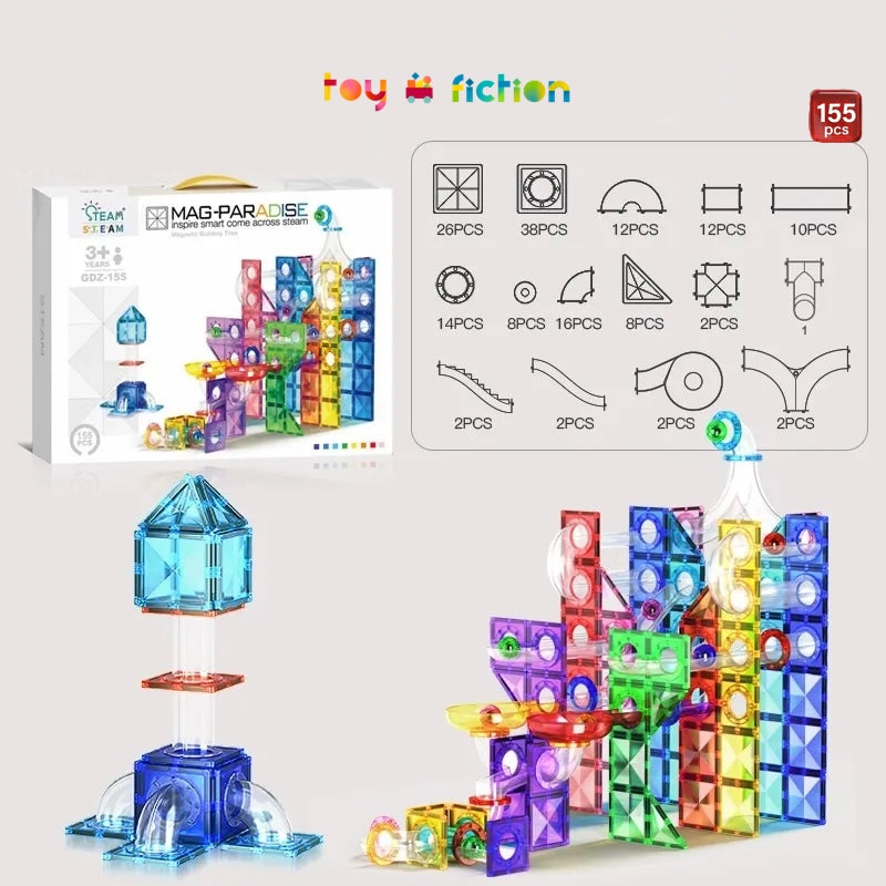 Toy Fiction - Magnetic Tiles and Pipes 155 Pack Contents and Designs