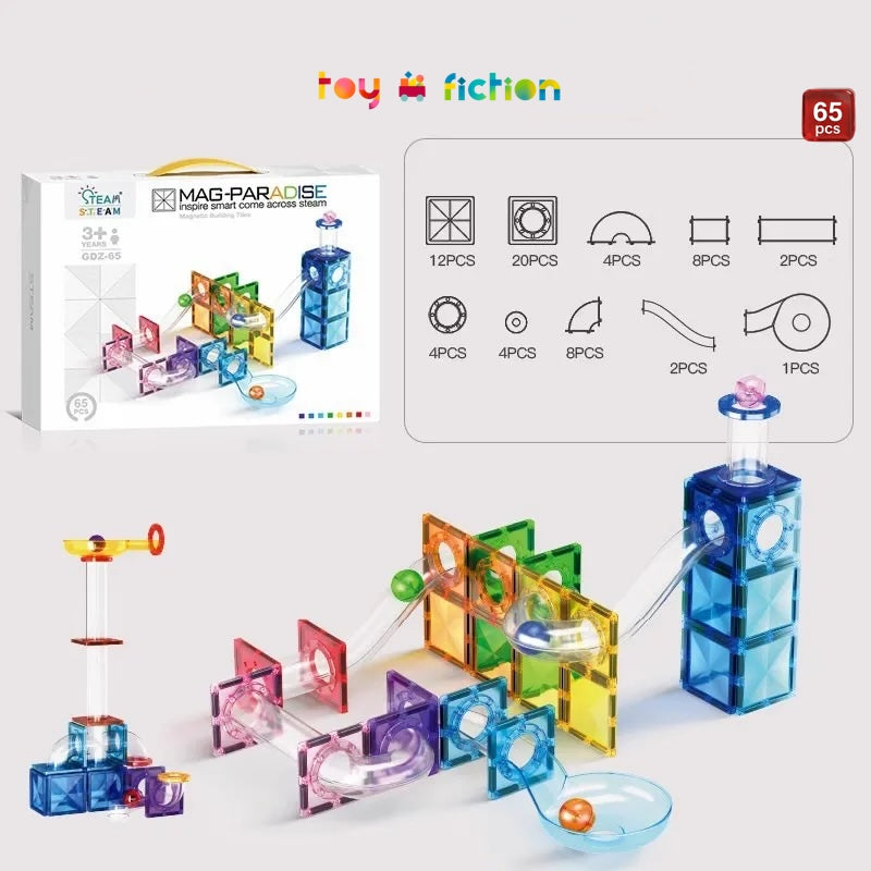 Toy Fiction - Magnetic Tiles and Pipes 65 Pack Contents and Designs