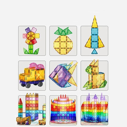 Set of colorful magnetic tiles shapes on a white background