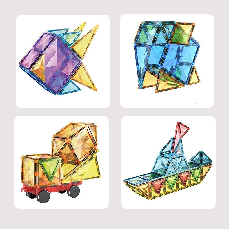 Set of colorful Magnetic tiles in various shapes on a white background